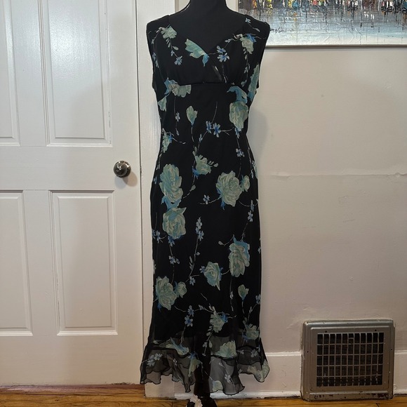 Vintage Floral V-Neck Midi Dress Black Blue Ruffle Hem Sleeveless Made in USA - Picture 3 of 8